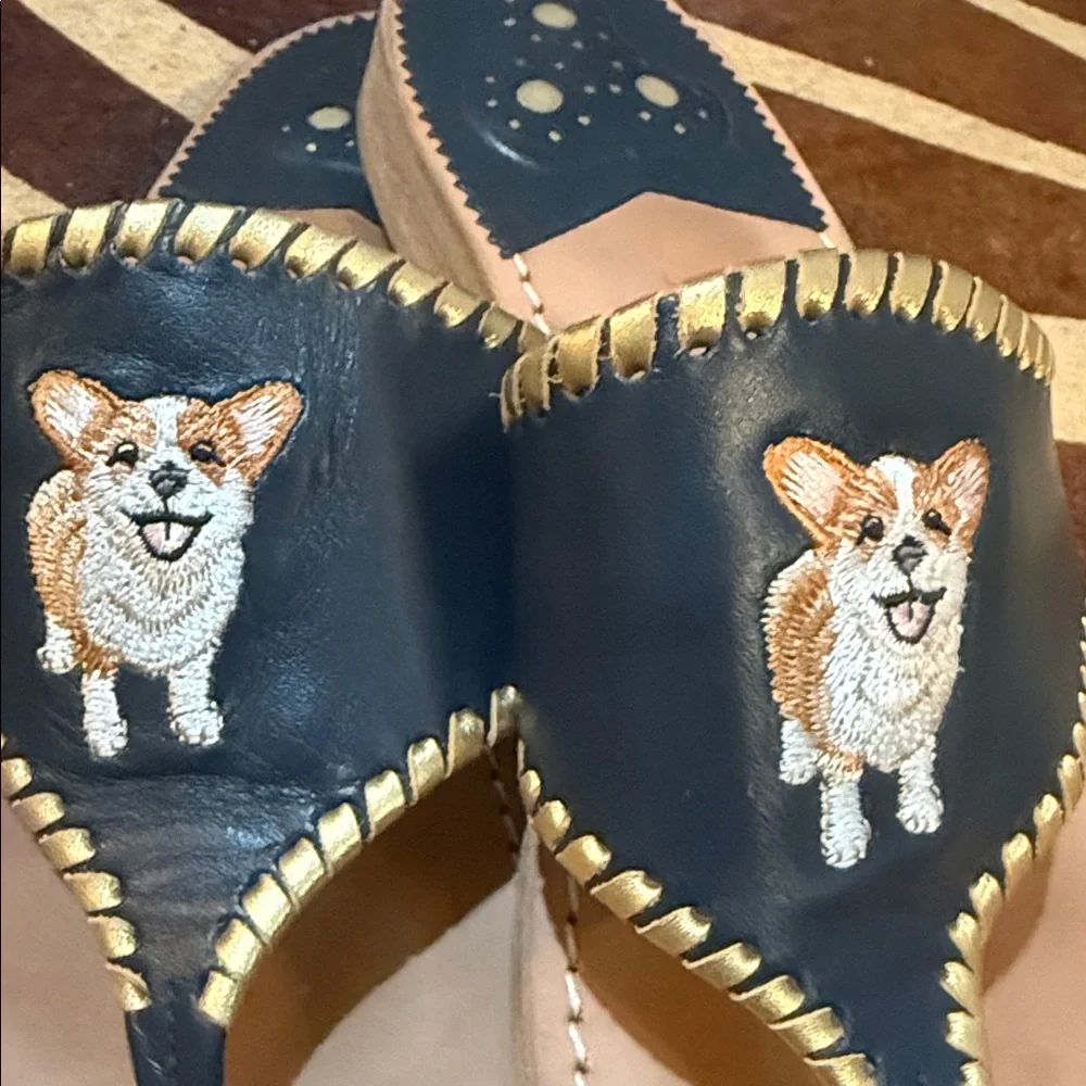 Jack Rogers Navy Leather Corgi Embroidered Dog Sandals